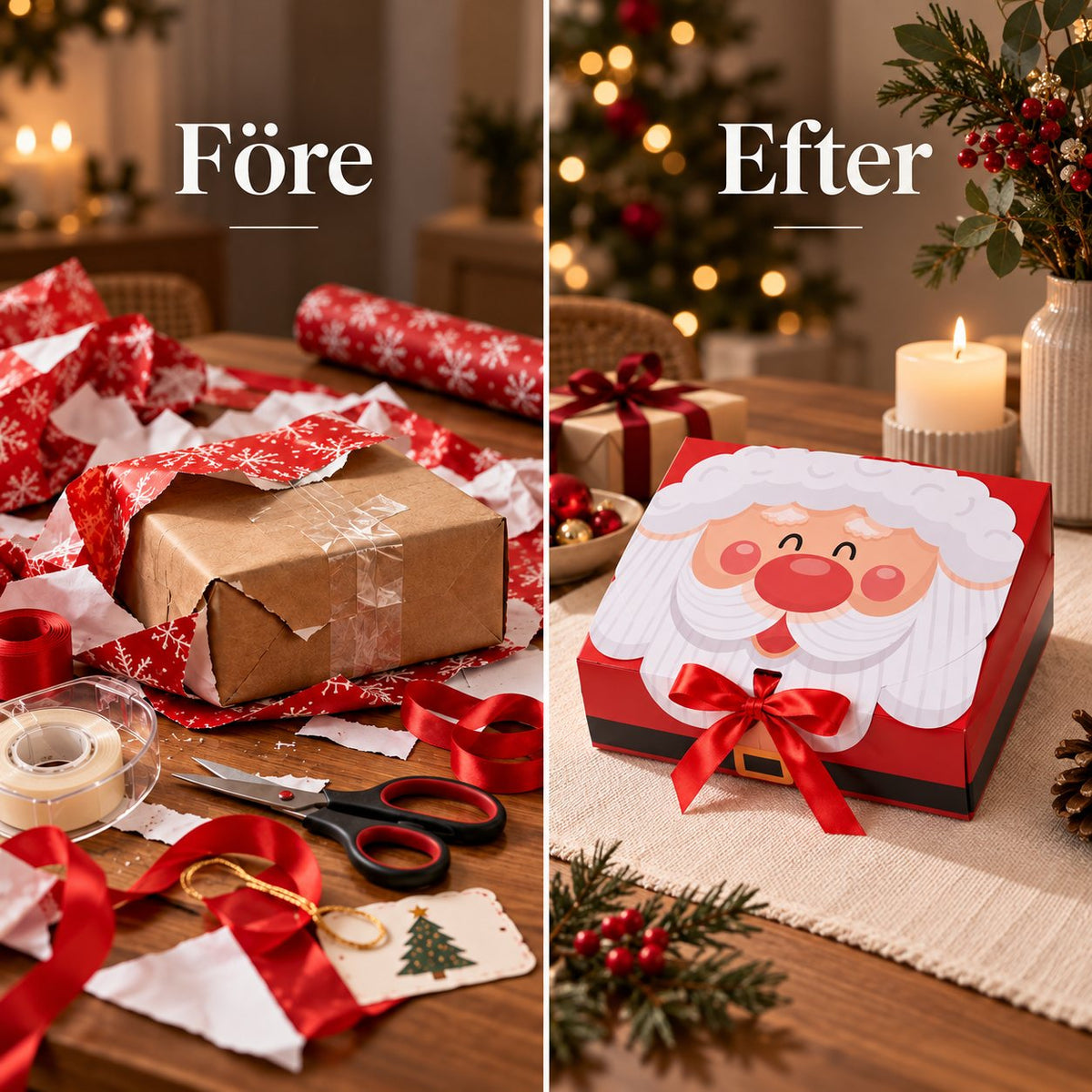 Före och efter: julklapp i presentpapper jämfört med presentbox med rosett
