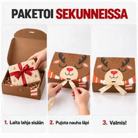 Paketoi: laita lahja sisään, pujota nauha läpi ja solmi rusetti