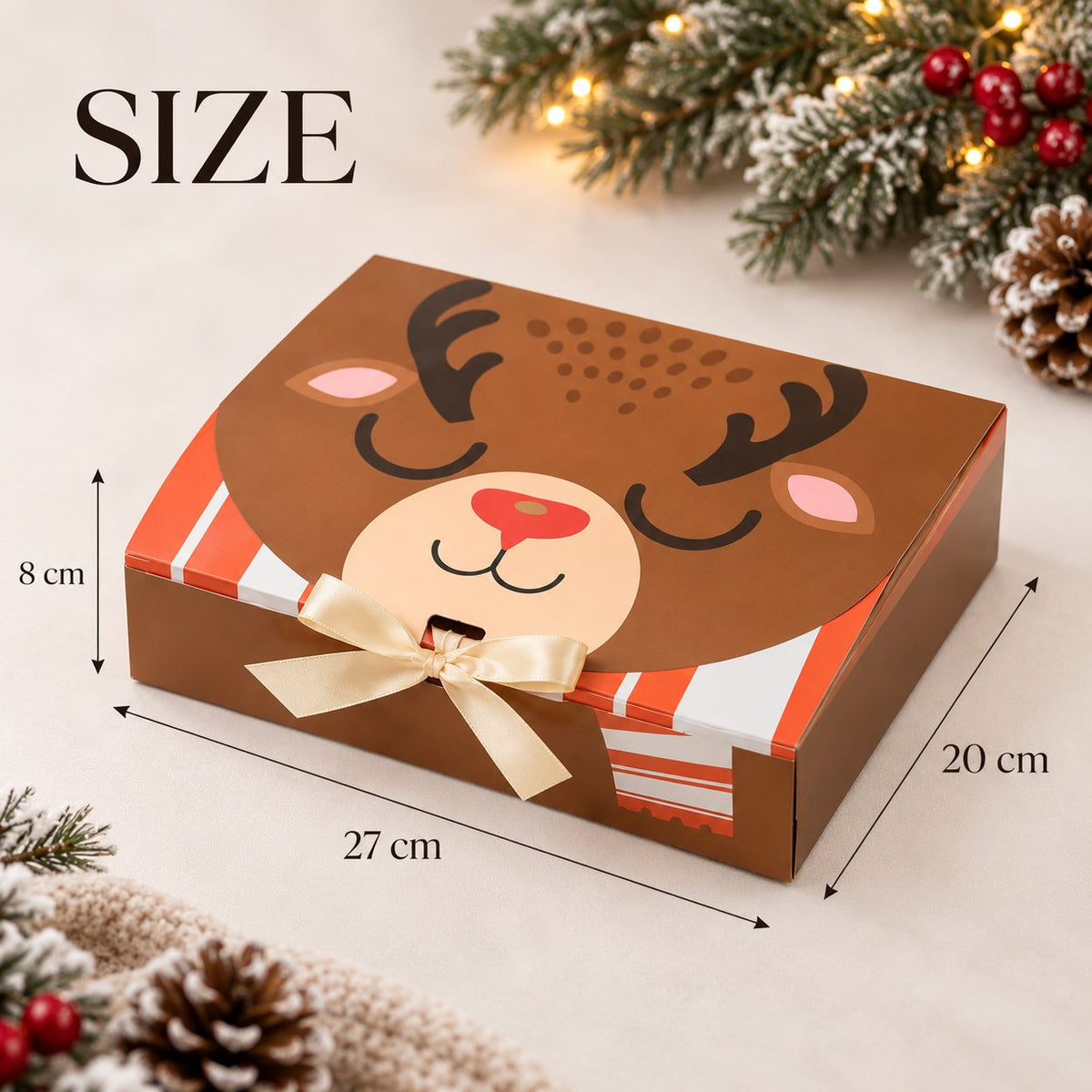 Presentbox med ren och måtten 27 × 20 × 8 cm