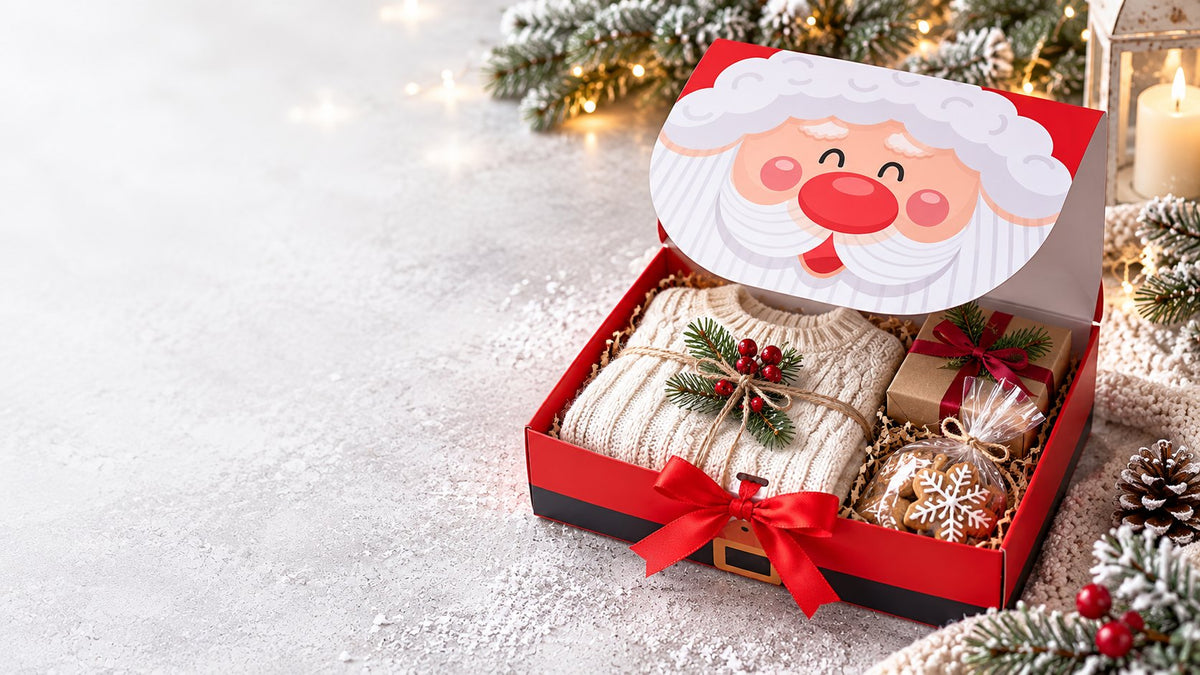Öppen presentbox med tomtemotiv, stickad tröja, julklapp och pepparkakor i påse bland snöiga granris