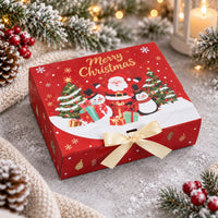 Röd julbox med tomte och snögubbar