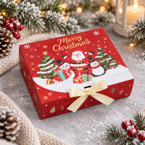 Röd julbox med tomte och snögubbar