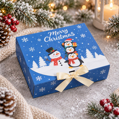 Blå julbox med snögubbe och pingviner